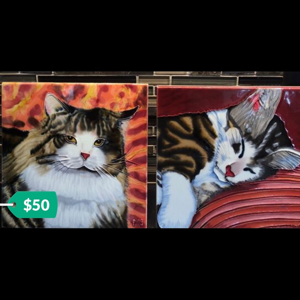 Pair of cat fine art tiles by artist Ping - Picture 1 of 3